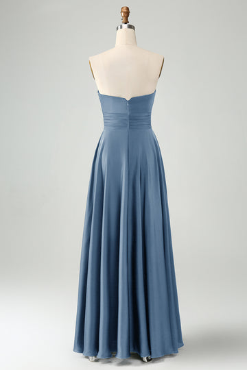 Dusty Blue A Line Sweetheart Keyhole Long Bridesmaid Dress